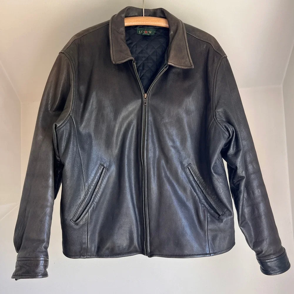 Vintage J. Crew Leather Jacket Size L Brown 90s Oarsman Full Zip Bomber Coat